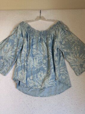 DG2 by Diane Gilman Off-the-Shoulder Floral Print SoftCell Top Chambray sz 1X